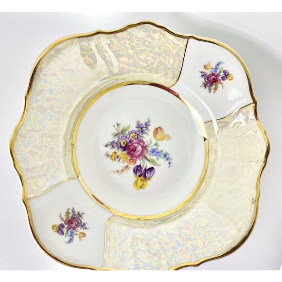 Rare Bernadotte Czech Square Serving Bowl 9" Floral/Iridescent Gold Vintage - Picture 1 of 11